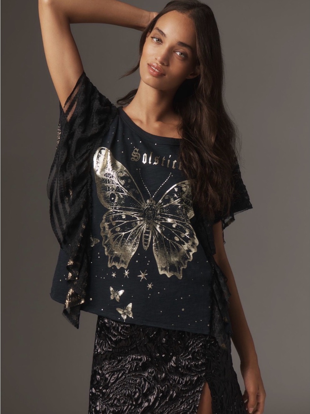 ANTHROPOLOGIE PILCRO Gold Hour Tee Solstice‎ Black Gold Metallic Lace S
